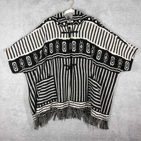 Madewell Sweaters - Madewell Hooded‎ Poncho Blanket Jacket Sz L Black White Stripe Wool Blend Fringe